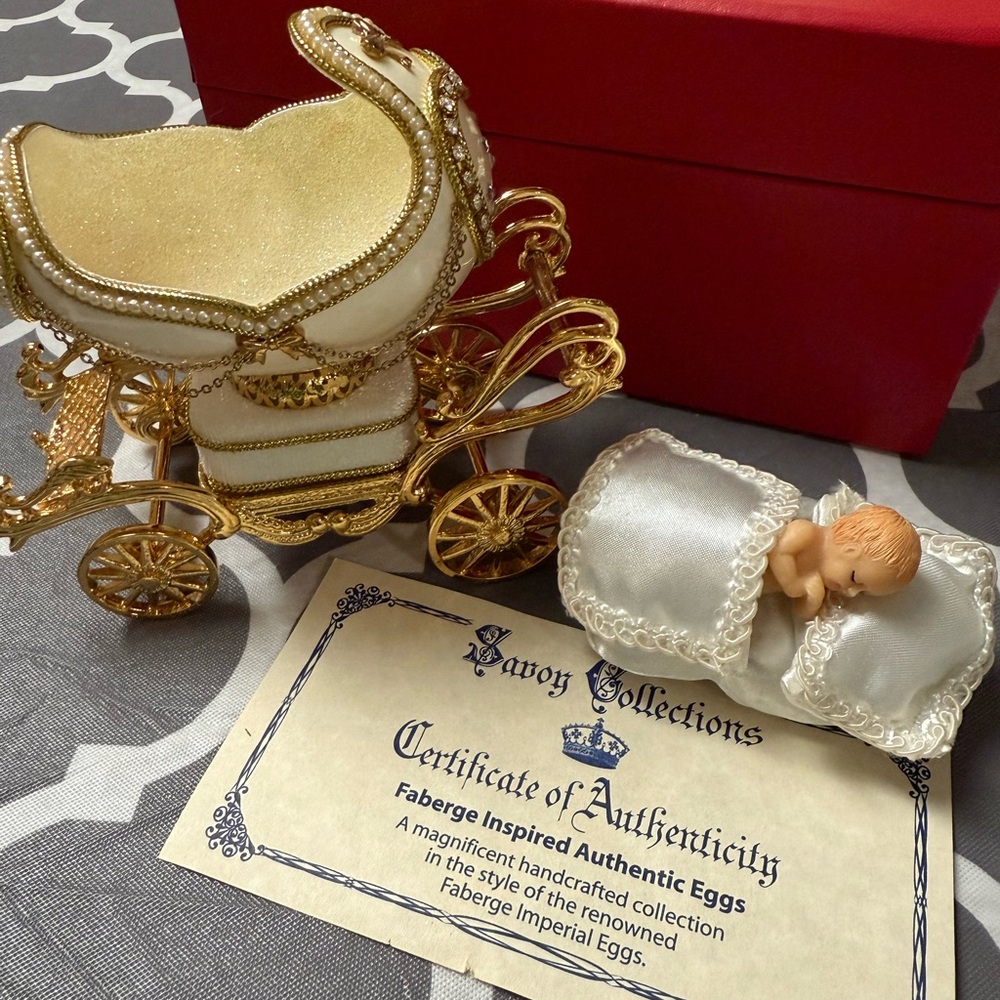 Gold and White Decorative Carriage with Baby Figurine